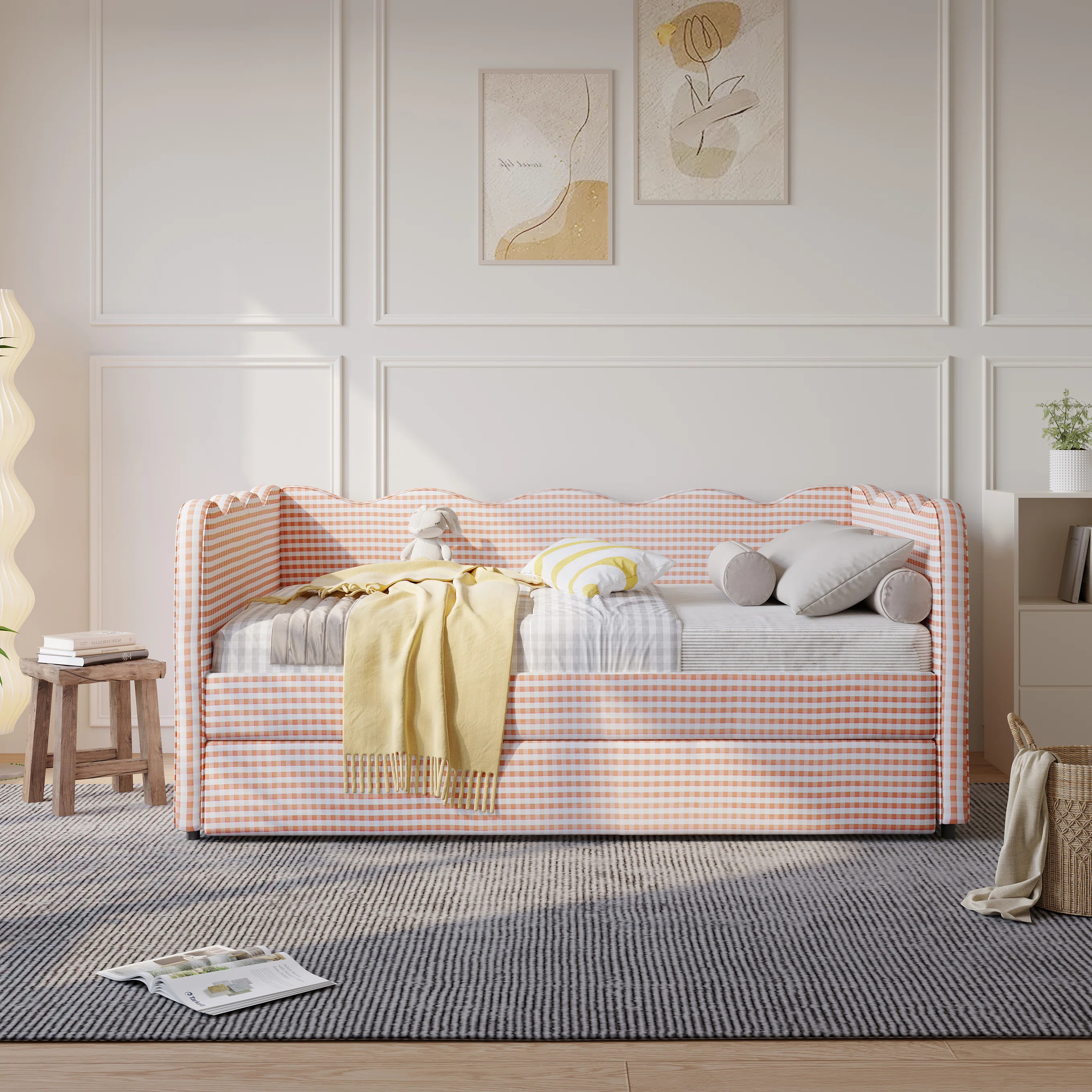 Linen Upholstered Gingham Daybed With Trundle, Usb Charging Port & Wave-shaped Design, No Box Spr... | Wayfair North America