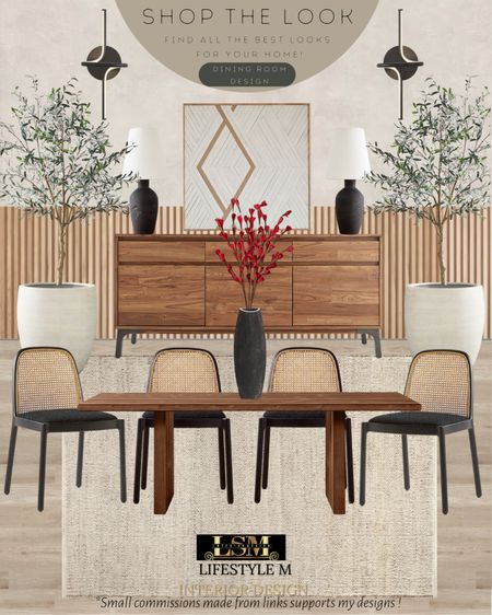 Japandi Style Dining Room Design Idea. Wood Walnut dining table, black cane dining chairs, jute rug, black table vase, red stem plant; walnut wood console table, buffet credenza, black table lamp, japandi wall art, white terracotta tree planter pot, realistic faux fake tree, modern black wall sconce.

#LTKhome #LTKstyletip #LTKFind