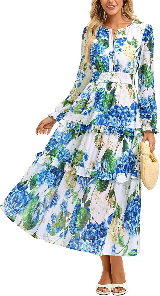 GRACE KARIN Women's Floral Long Sleeve Maxi Dress 2026 V Neck Fall Wedding Guest Outfits Boho Flo... | Amazon (US)
