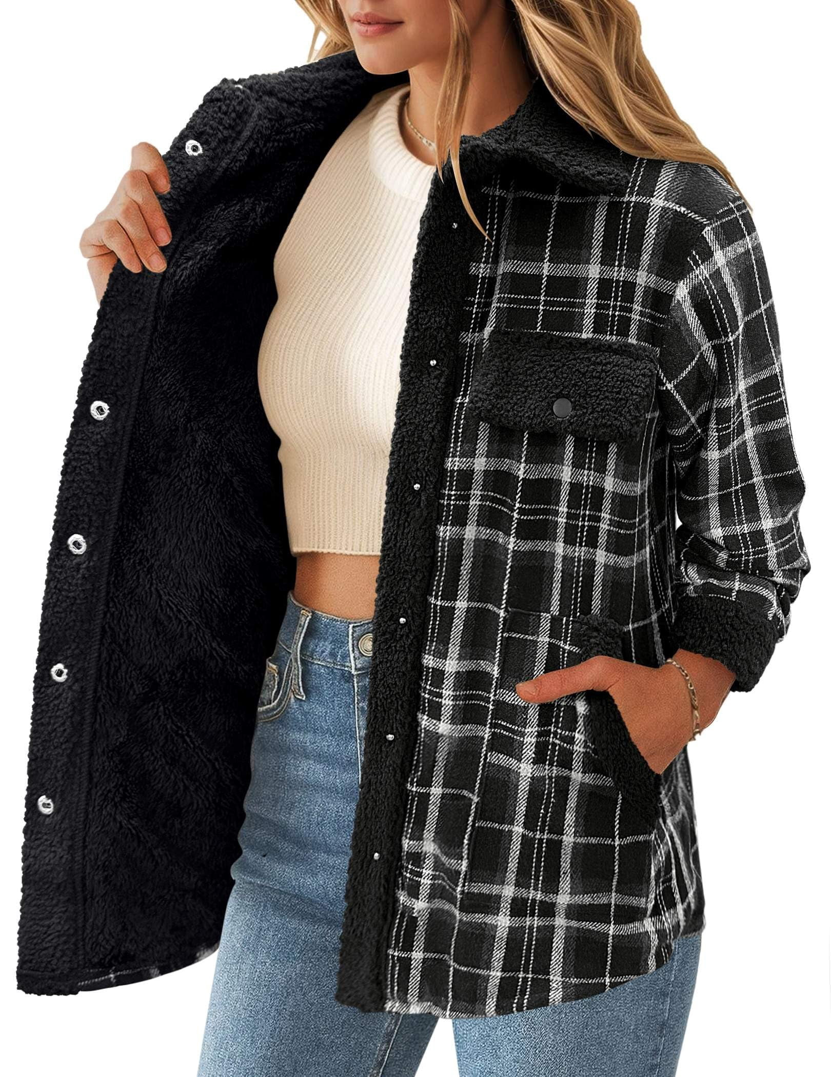 Zeagoo Flannel Jacket Fleece Lined Jacket Women Plaid Shacket Button Down Shirts Casual Fall Winter Outwear - Walmart.com | Walmart (US)