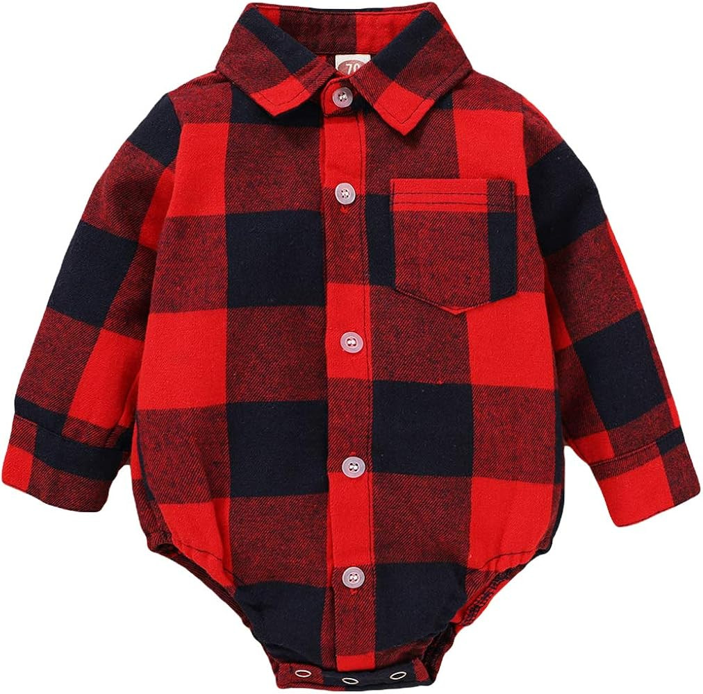 Newborn Baby Boy Girls Plaid Outfit Flannel Romper Tops Infant Long Sleeve Button Down Plaid Casu... | Amazon (US)