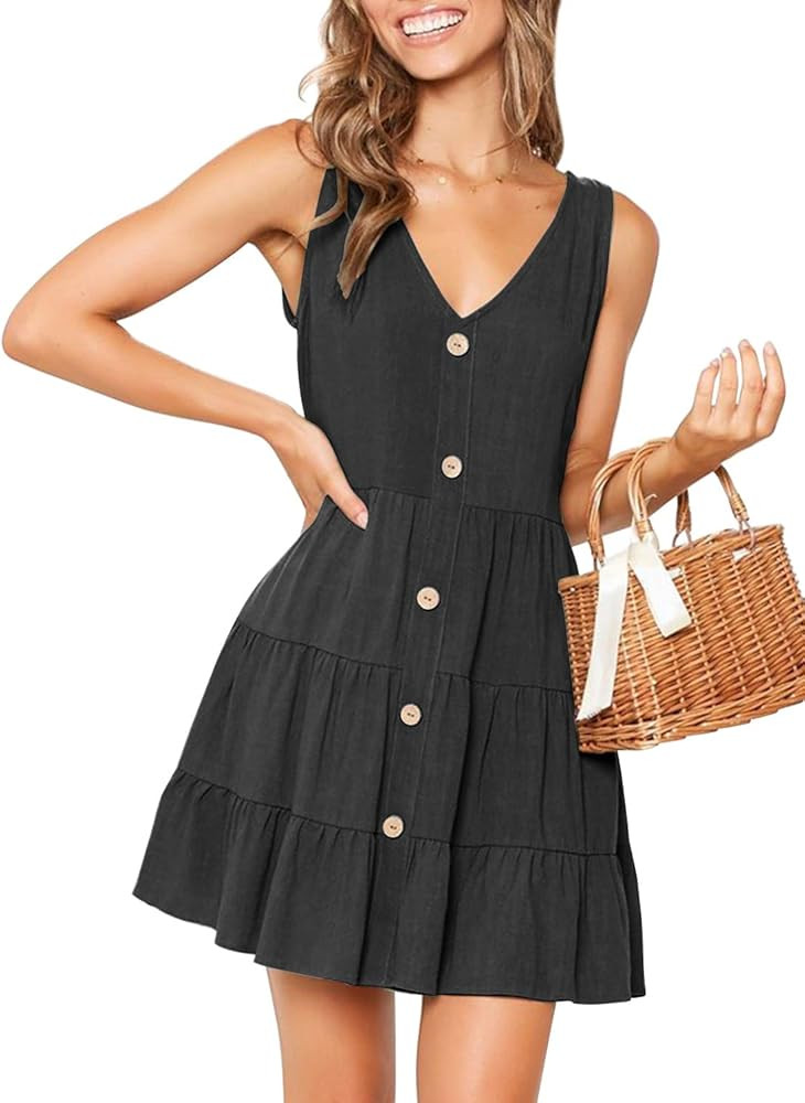 Women's Summer Sleeveless V Neck Button Down Casual Pocket Swing Short Dress | Amazon (US)