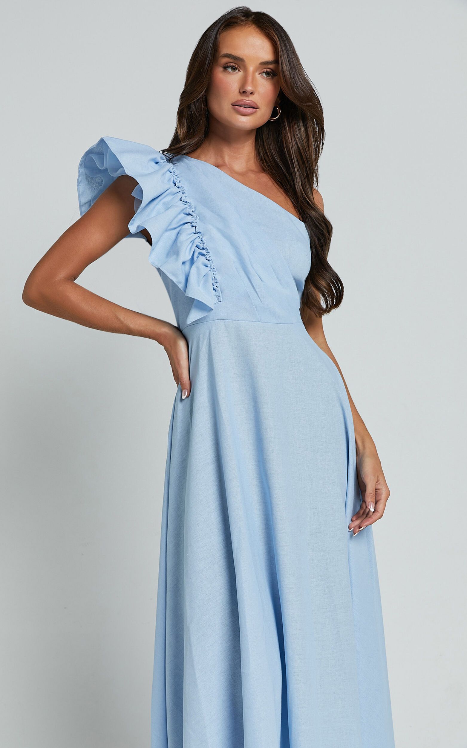 Dixie Midi Dress - Linen Look One Shoulder Ruffle Dress in Blue | Showpo (US, UK & Europe)