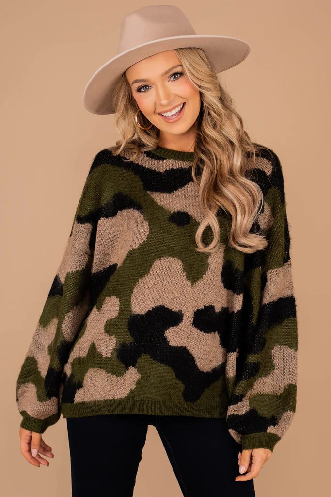 And We're Off Olive Green Camo Sweater | The Mint Julep Boutique