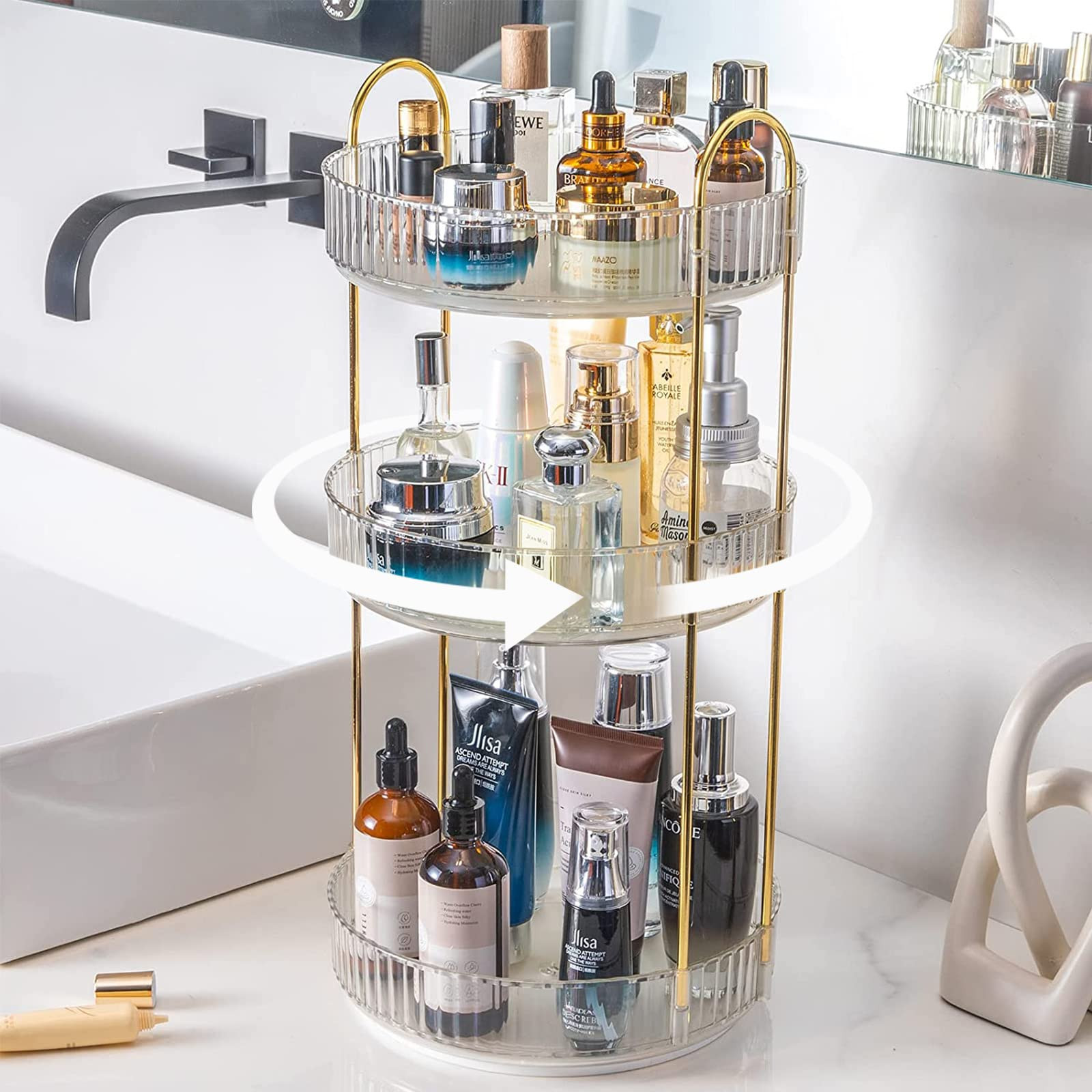 Rotating Makeup Organizer for Vanity 3 Tier, High-Capacity Skincare Clear Make Up Storage Perfume... | Amazon (US)