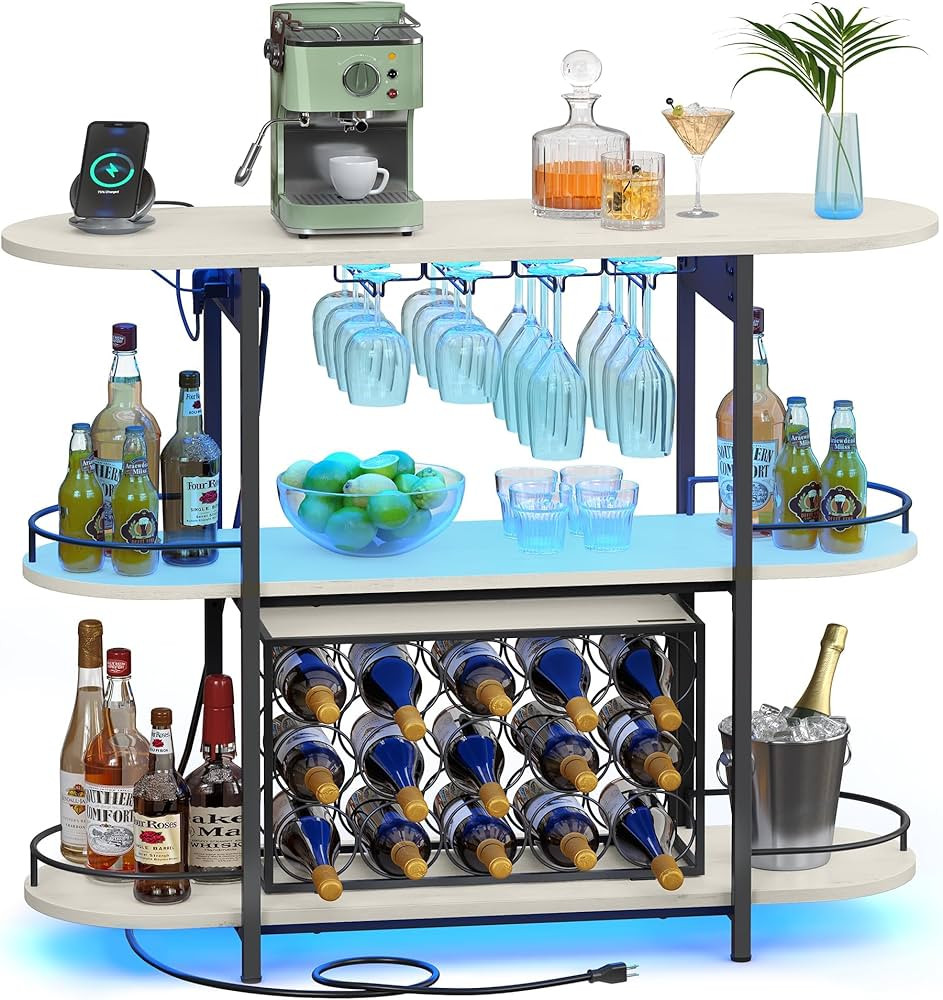 VASAGLE Bar Cabinets for Home, LED Coffee Bar with Power Outlets, Home Mini Bar for Liquor, Frees... | Amazon (US)