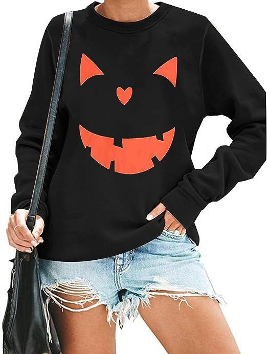 Women's Halloween Pumpkin Face Long Sleeve Sweatshirts Lightweight Casual Pullover Tops | Amazon (US)