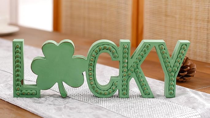 Lucky Sign Beaded, Freestanding Wood Letters Lucky, Rustic Irish Clover Decor, Saint Patrick's Day Mantel Tabletop Decor, Elegant Spring Gift Green | Amazon (US)