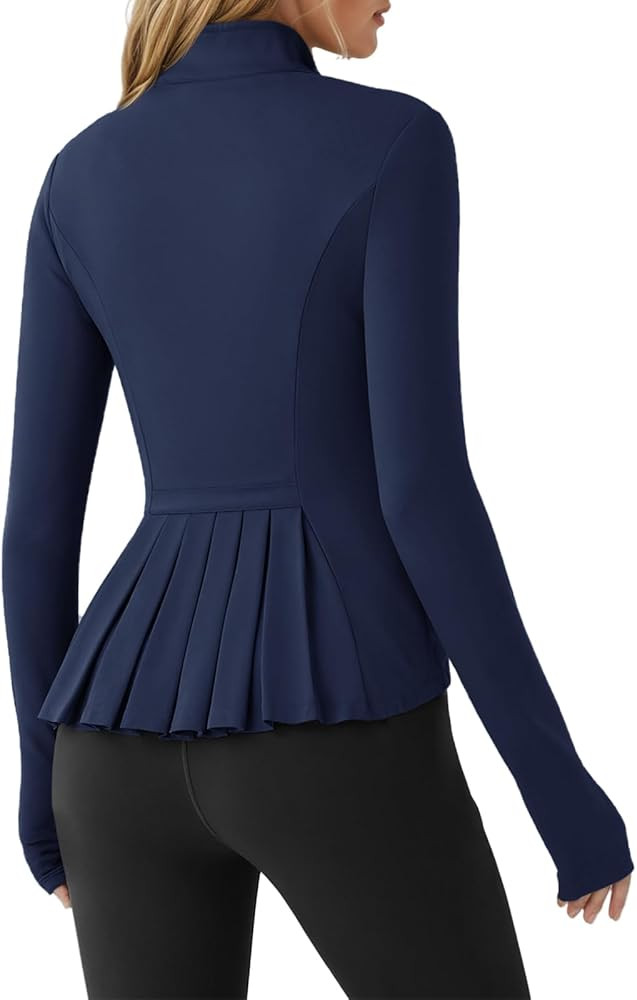 Fisoew Women's Zip Up Workout Jacket Pleated Lightweight Slim Fit Stand Collar Thumb Hole Tops wi... | Amazon (US)