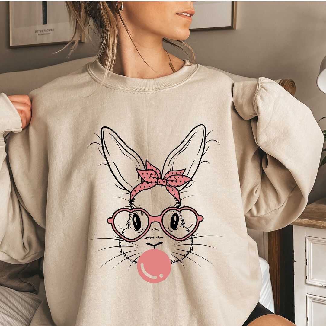 Bunny with Leopard Glasses Sweatshirt, Easter Bunny Shirt, Kid's Easter Sweatshirt, Cute Easter S... | Etsy (US)