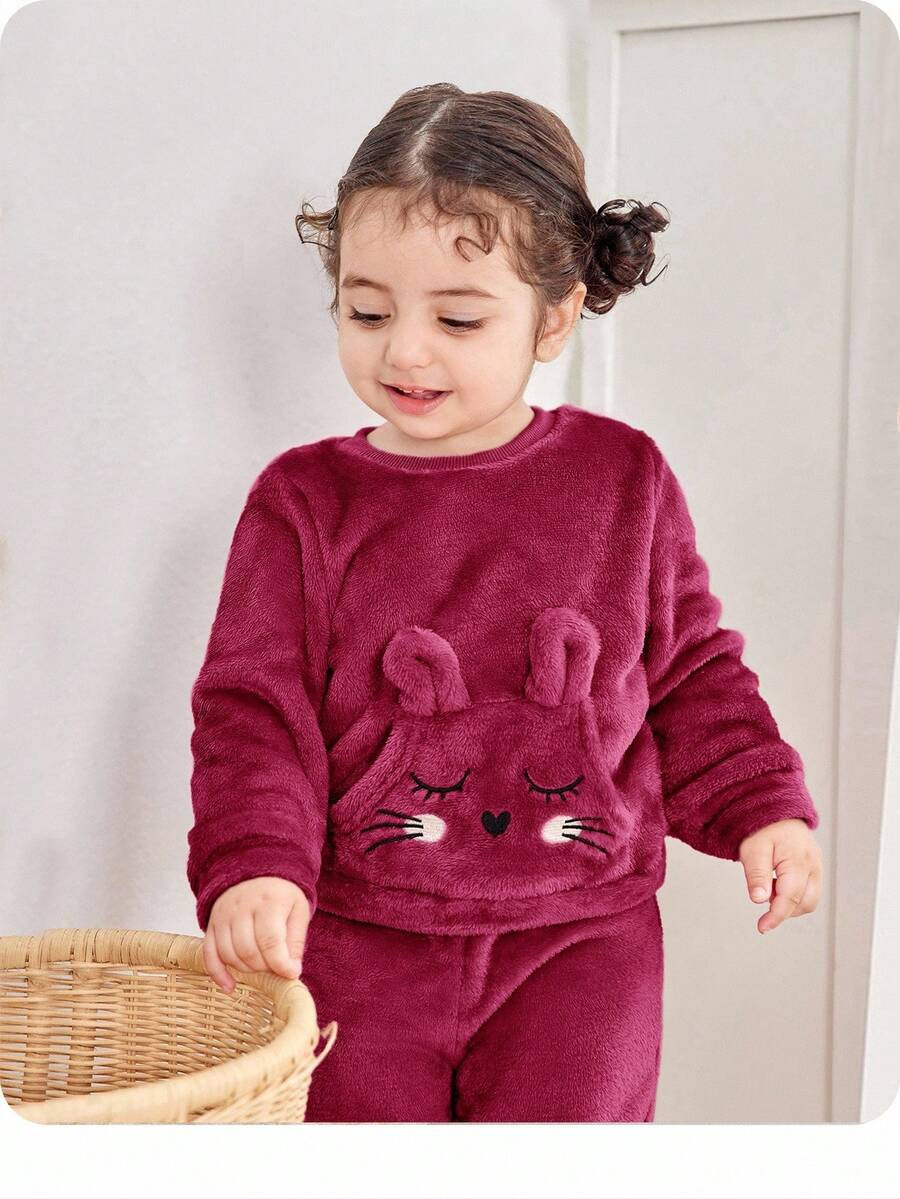 Babygirl Cute Cartoon Pattern Fluffy Long Sleeve Top And Elastic Waist Pants Set, Autumn/Winter B... | SHEIN