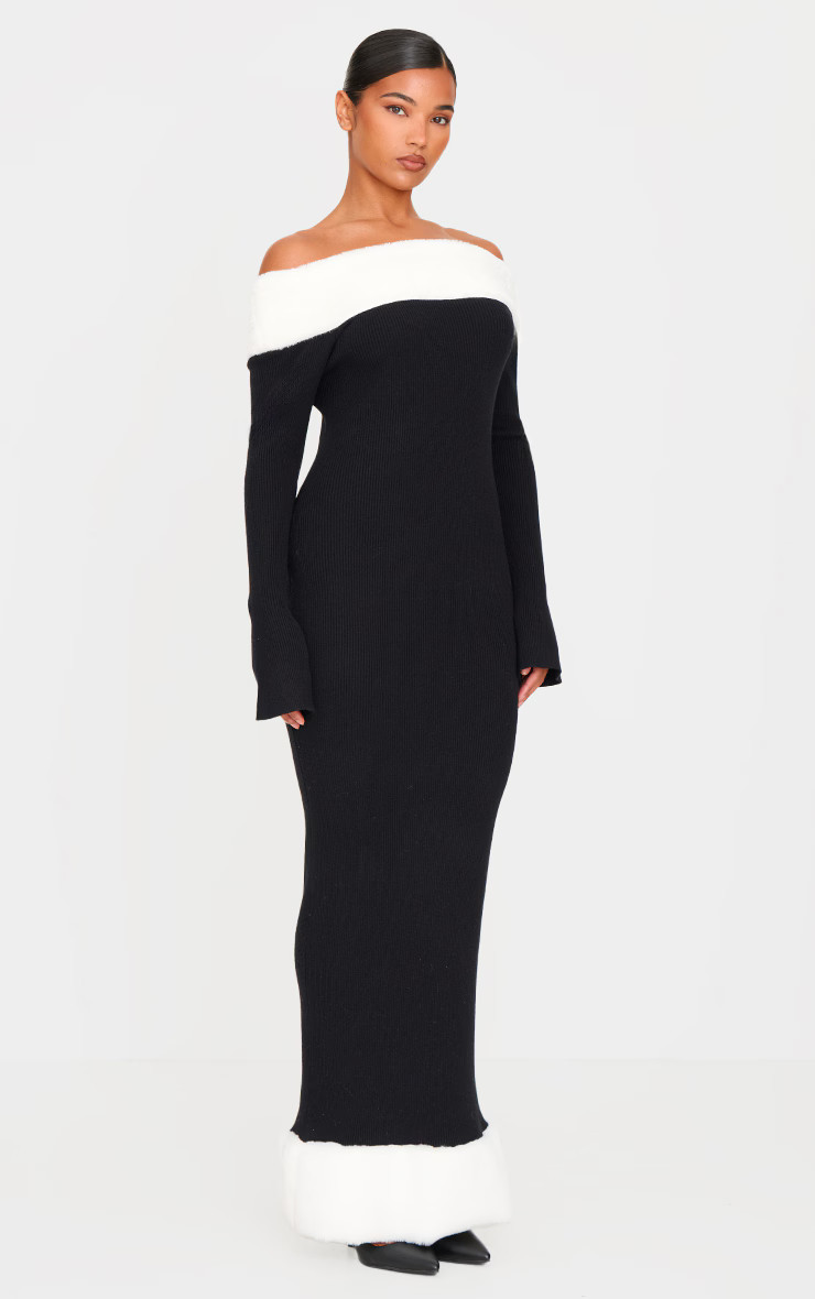 Black Rib Knit Contrast Fur Trim Bardot Maxi Dress | PrettyLittleThing UK