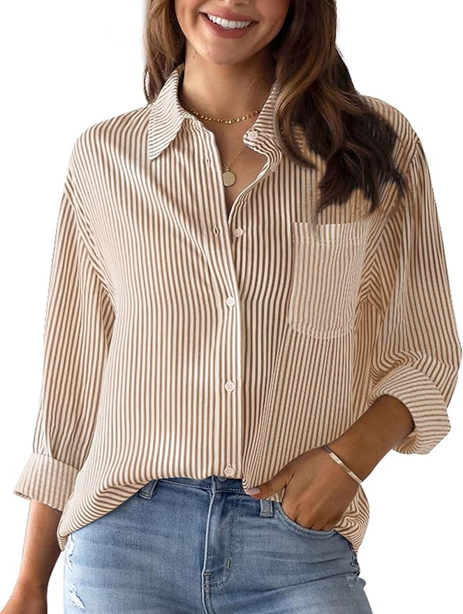 Womens Striped Button Down Shirts Long Sleeve Collared Business Office Work Blouses Shirts Tops w... | Amazon (US)