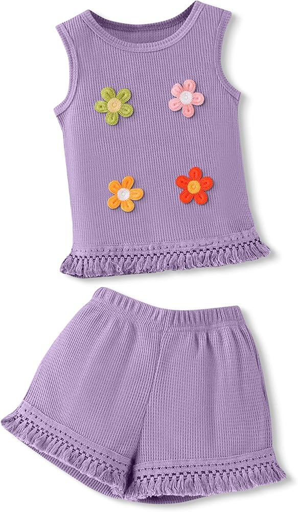 Kids Girl Clothes Sleeveless Tassel Flower Top and Shorts Cute Girl Summer Outfits Set Size 4-7 Y... | Amazon (US)