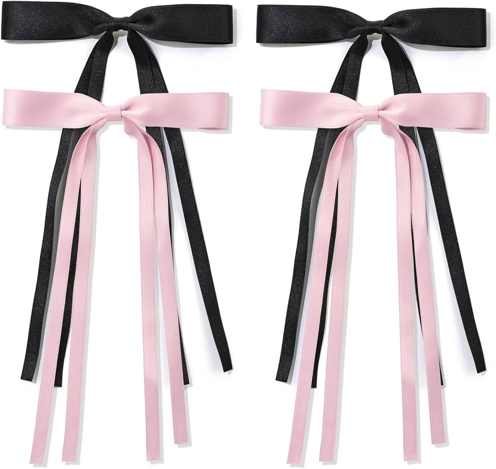 Ambesi Ribbon Hair bow Hair Clips, Black Pink Long Tail French hair Bows, Hair Clips Tassel Ribbo... | Amazon (US)