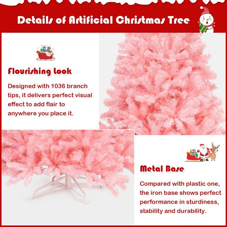 Costway 6Ft Hinged Artificial Christmas Tree Full Fir Tree New PVC w/ Metal Stand Pink | Walmart (US)