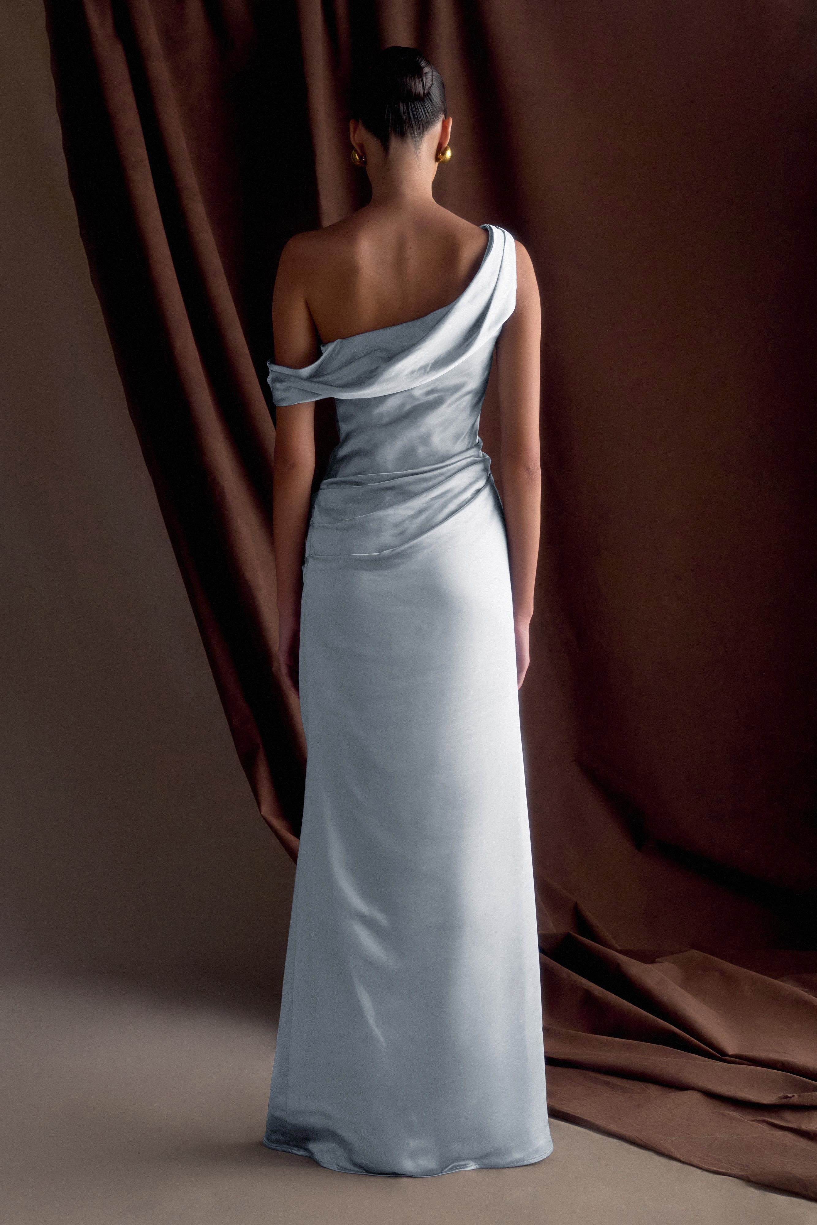 Off Shoulder Satin Maxi Dress - Frosted Blue | MESHKI US