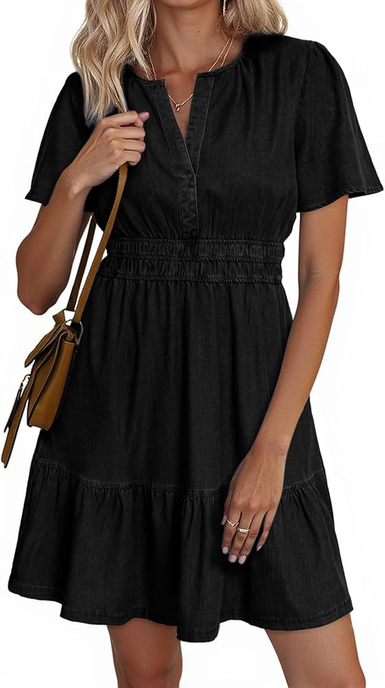 Simplee Womens Summer Denim Dress Casual Short Sleeve Mini Dress Boho Beach Flowy Tiered Short Je... | Amazon (US)