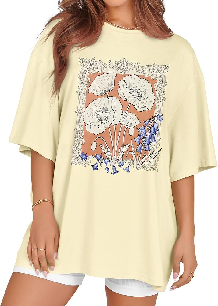 Oversized Tshirts for Women Summer Short Sleeve Round Neck Graphic Tee Shirt | Amazon (US)