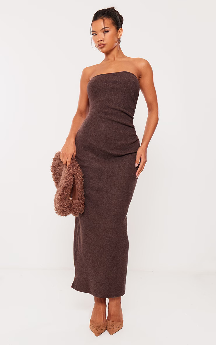 Chocolate Heavy Brushed Rib Ruched Bandeau Midaxi Dress | PrettyLittleThing UK