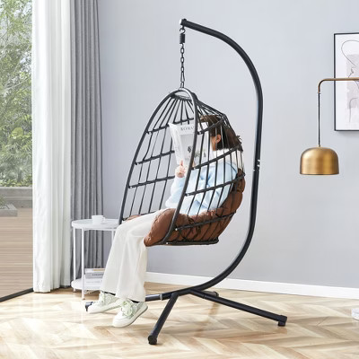 FURNIinspire Patio Swings Hanging Chair With Wicker Weave, Single Person Swing With Brown Seat Cushion For Indoor And Outdoor, Black, 37“*37"*79" | Target