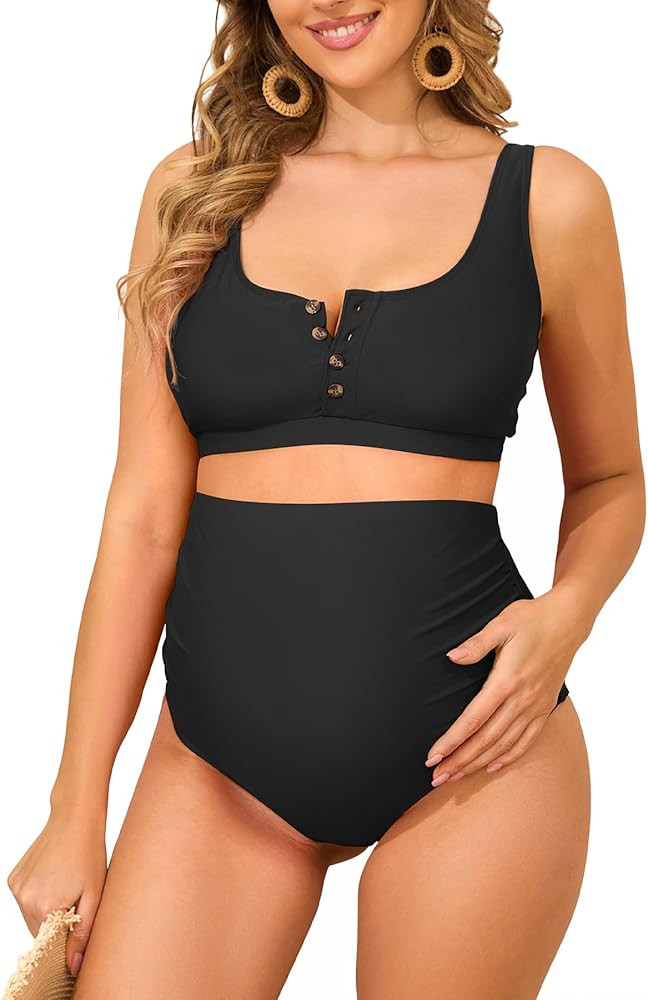 Zando Maternity Swimsuit High Waisted Bikini Set Button Down Maternity Bathing Suit 2 Piece Swims... | Amazon (US)
