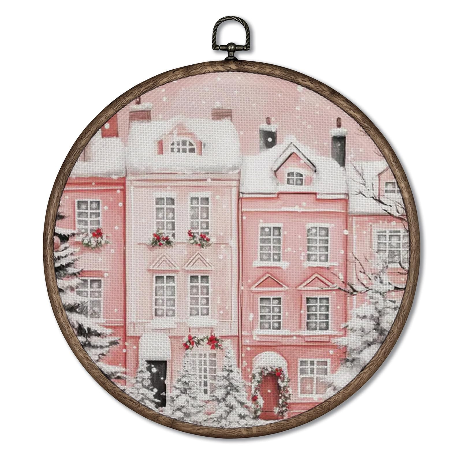 Giosve Pink Christmas Winter Round Wall Art Canvas Framed Poster, Trendy Pink Winter Village Chri... | Amazon (US)