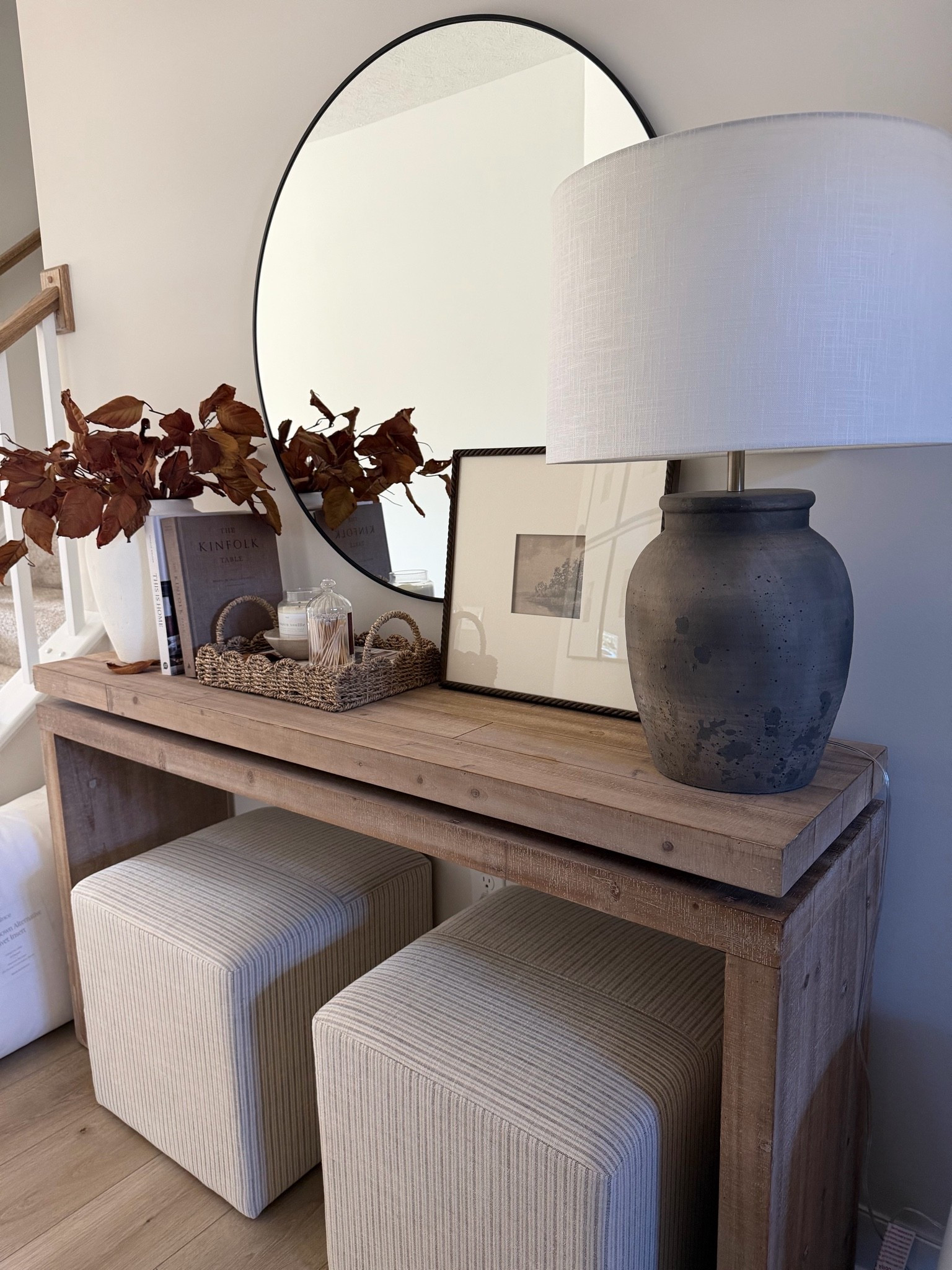 Brown lamp, Thornton lamp, wood console table, ottoman, fall magnolia stems, scallop tray, round mirror, vase, terracotta vase, candle bowl

#LTKSeasonal #LTKHome #LTKSaleAlert