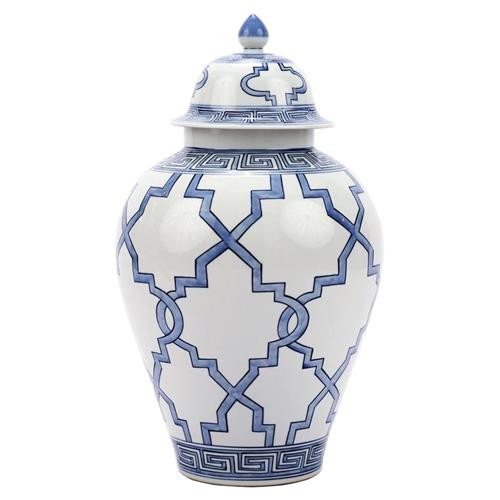 Turia French Country Blue and White Large 23in Porcelain Greek Grids Heaven Jar | Kathy Kuo Home