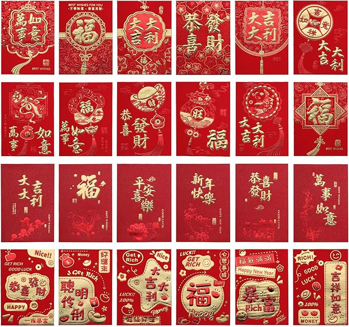 24pc Chinese New Year Red Envelopes 2026, Year of the Horse, 24 Designs Gold Foil Patterns with C... | Amazon (US)