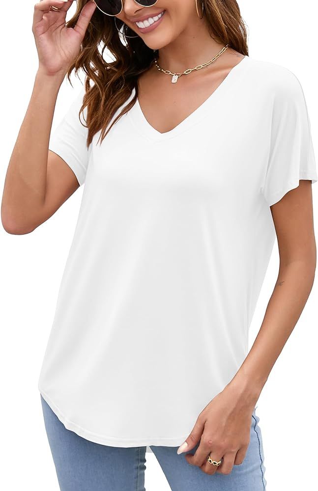 White Short Sleeve Shirts Teacher Outfits Oversized Tees for Women V Neck Basic Casual Workout To... | Amazon (US)