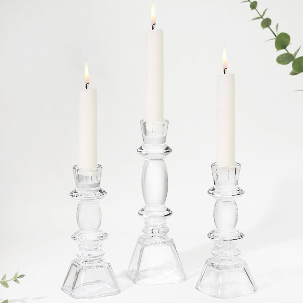 Glass Candlestick Holders Set of 3, Clear Taper Candle Holders for Table Centerpiece, Home Decora... | Amazon (US)