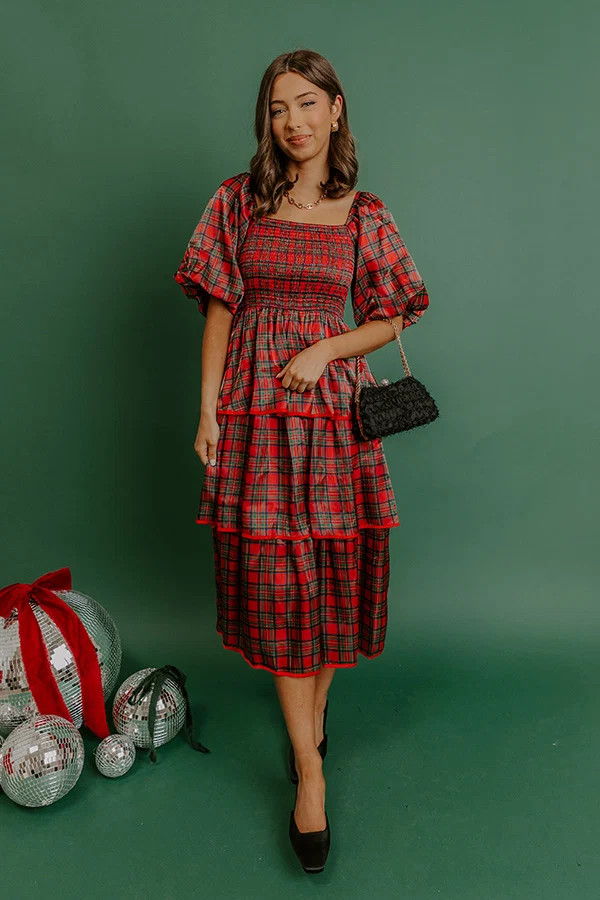 Plaid and Promises Satin Tiered Midi Dress | Impressions Online Boutique
