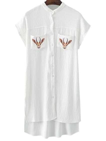 White Buttons Front Dip Hem Pockets Embroidery Dress | Romwe