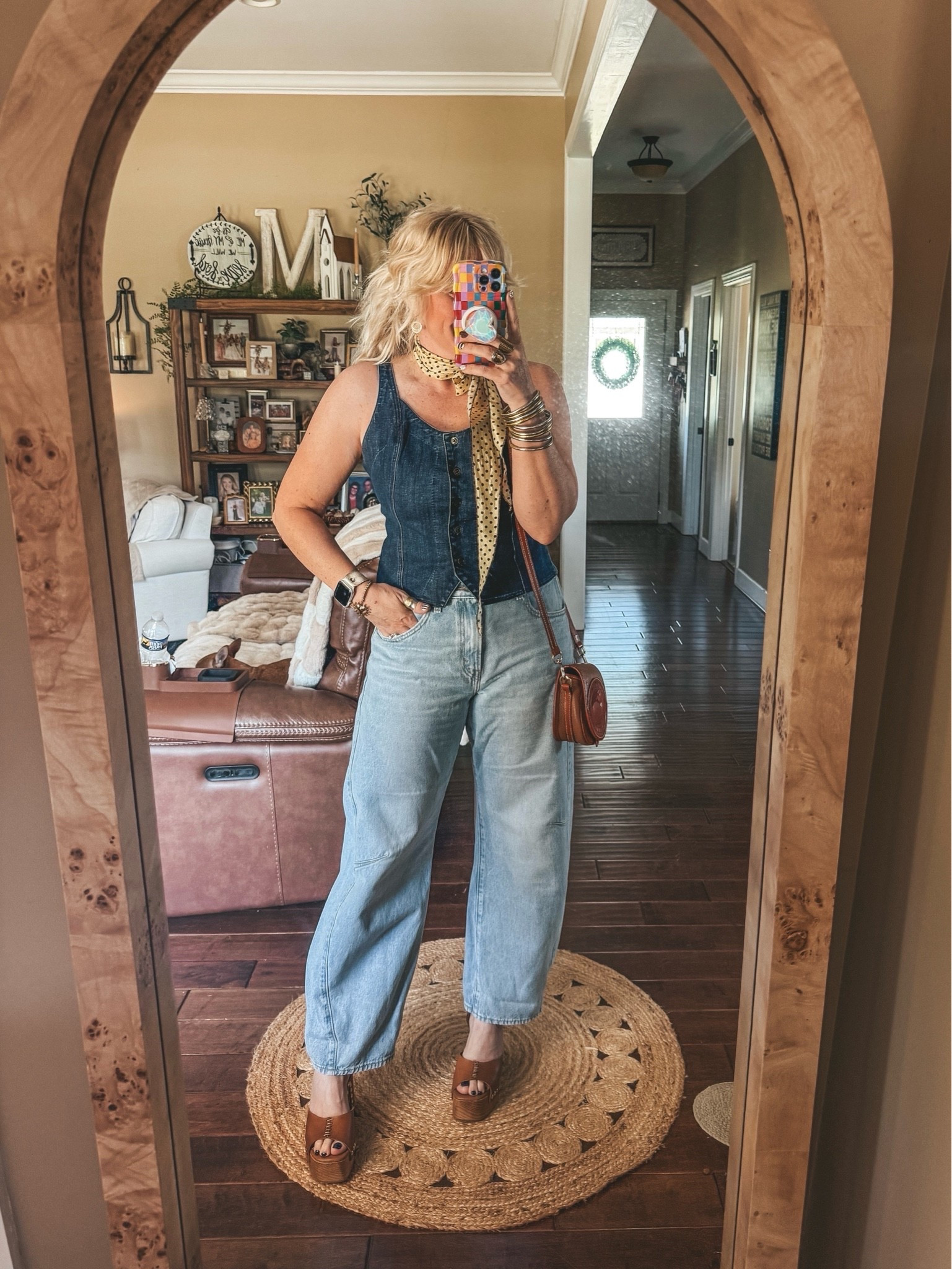 Denim on denim 
Top M
Levi’s on sale & I size up one 
Sandals true to size 
This scarf is one I tie around my bags too but it’s also adorable like this.

#LTKOver40 #LTKgrwm #LTKootd