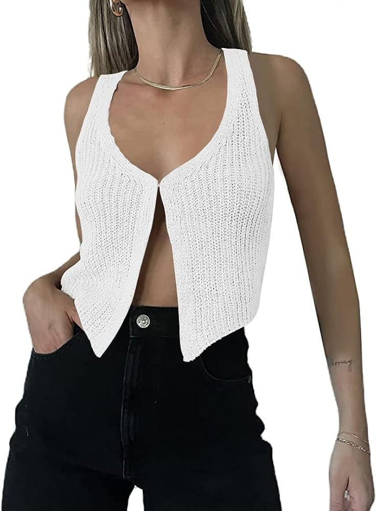 Meladyan Women Hook Eye V Neck Knit Crop Vest Top Sleeveless Hollow Out Knitted Solid Loose Sexy Cro | Amazon (US)