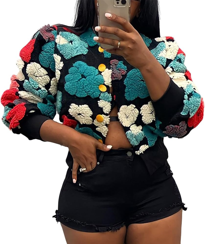 Yimoon Womens Cropped Floral Print Jacket Puff Sleeve Fleece Bomber Jacket Button Down Fall Winte... | Amazon (US)