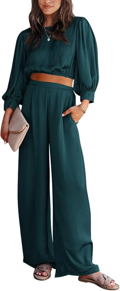 PRETTYGARDEN Women's 2 Piece Satin Outfits 2022 Fall Casual Puff Sleeve Crop Tops Blouse and Long Pa | Amazon (US)