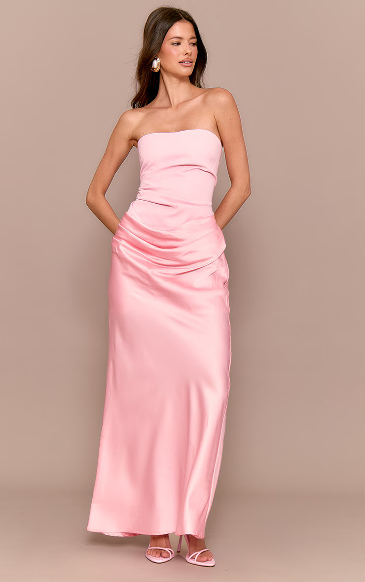 Pale Rose Bandeau Satin Drape Detail Midaxi Dress | Dresses | PrettyLittleThing UK