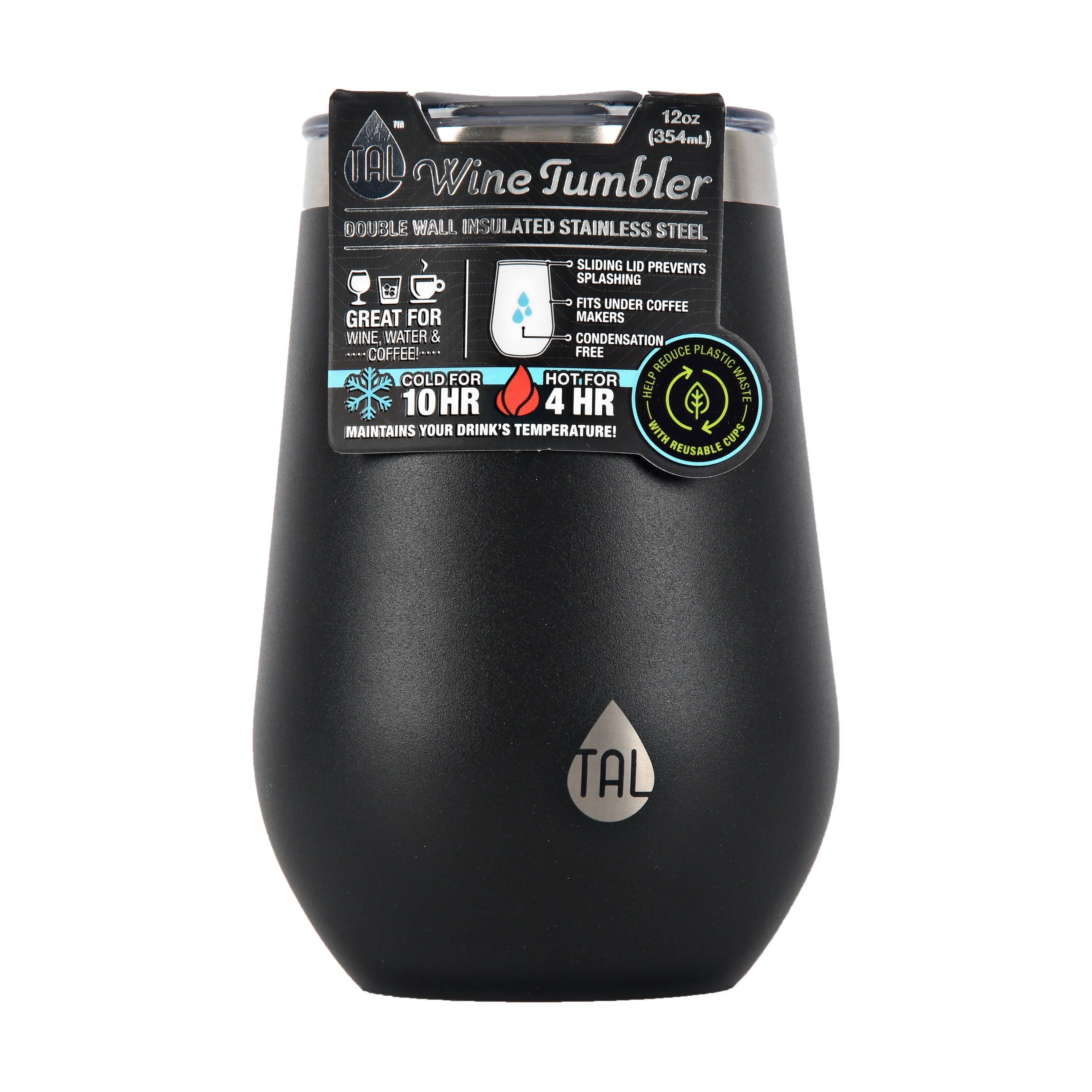 TAL Double Wall Insulated Stainless Steel Wine Tumbler 12oz, Black - Walmart.com | Walmart (US)