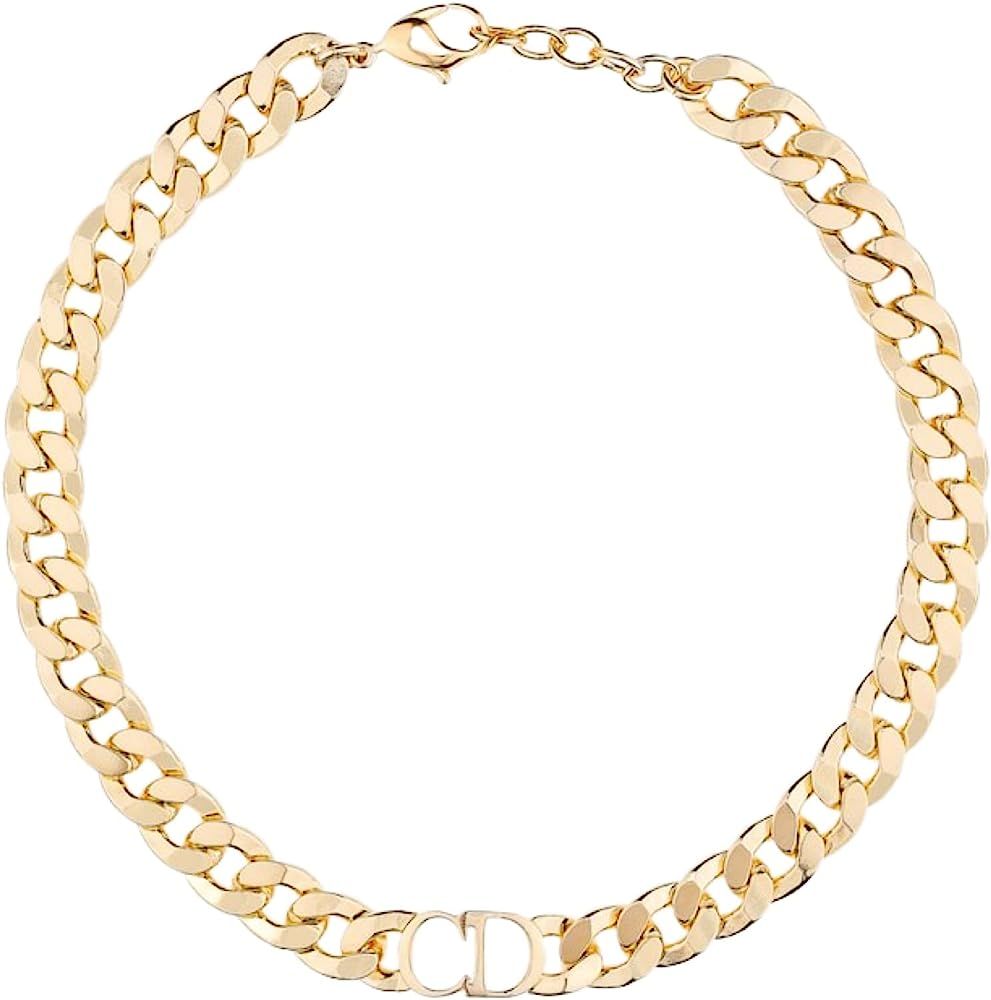4THCOMMAND 18K Gold Plated Cuban Chain Choker CD Initial Stainless Steel Non-Fading Dainty Necklace | Amazon (US)