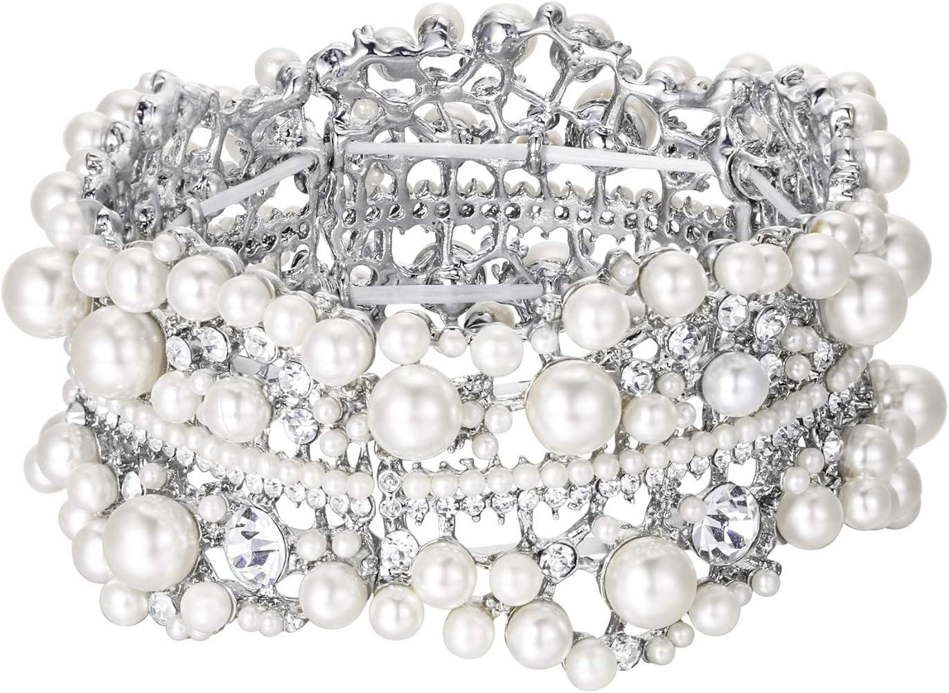 EVER FAITH Austrian Crystal Simulated Pearl Bridal Flower Stretch Bracelet Clear Silver-Tone | Amazon (US)