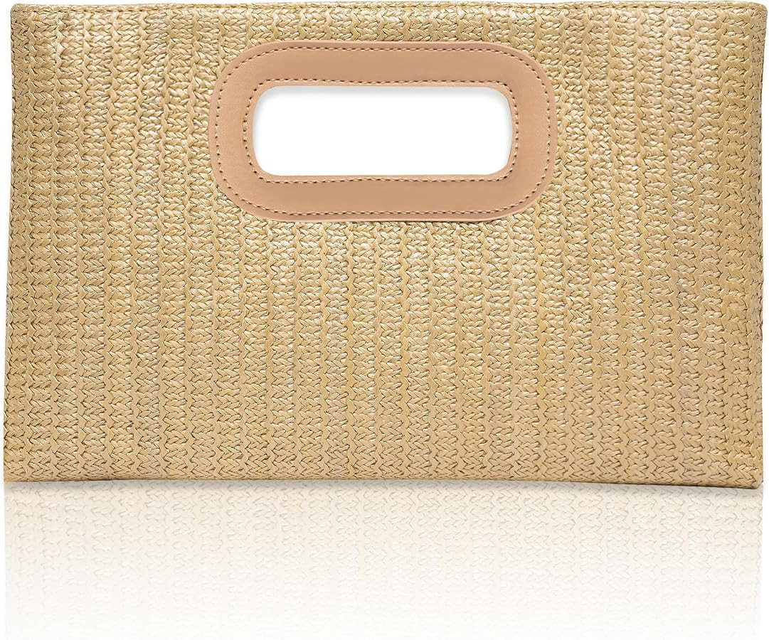 Larcenciel Straw Clutch Purses for Women, Hollow Leather Top Handle Beach Purse w/Chain, Boho Wov... | Amazon (US)