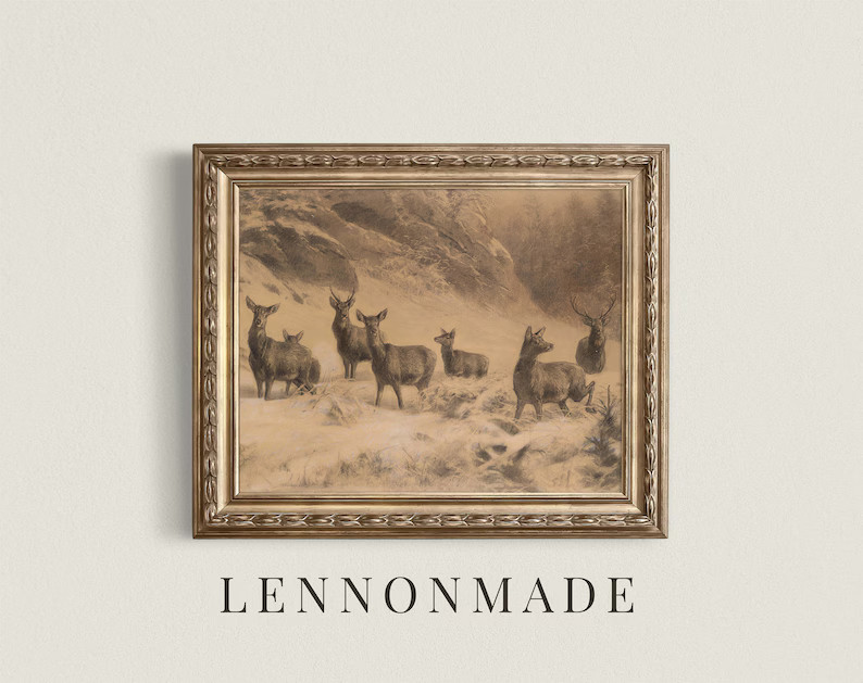Vintage Winter Reindeer Print Antique Winter Painting Vintage Neutral Art Print Printable Digital... | Etsy (US)
