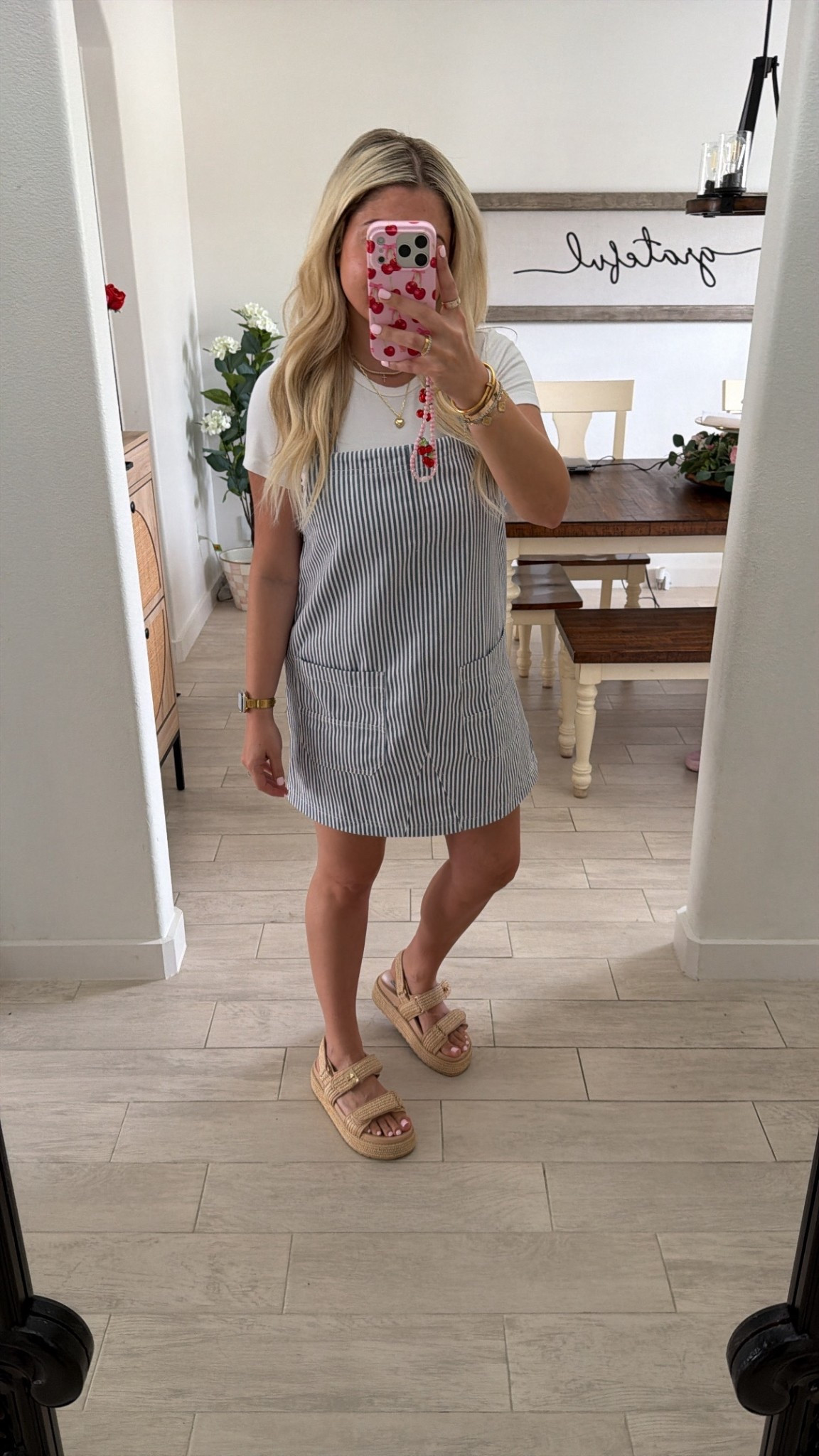 OOTD 
Denim overall dress and tee small
Sandals up 1/2 a size 
Amazon outfit
Spring outfit
Vacation
Date night  