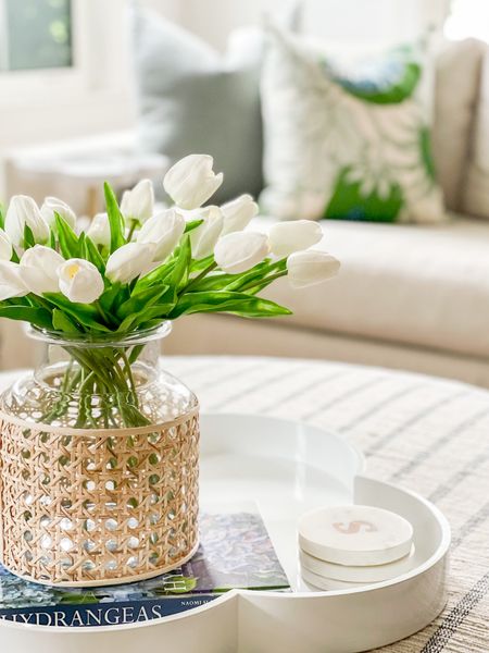 Our striped ottoman coffee table arrived in our prior living room 😍 I added this cane wrapped vase with my favorite faux tulips on the clover shaped tray. Also sharing our linen sofa, rattan cabinet and blue and green throw pillows!
.
#ltkhome #ltksalealert #ltkstyletip #ltkunder50 #ltkunder100 #ltkfind #ltkseasonal living room decor, coffee table styling

#LTKhome #LTKsalealert #LTKSeasonal