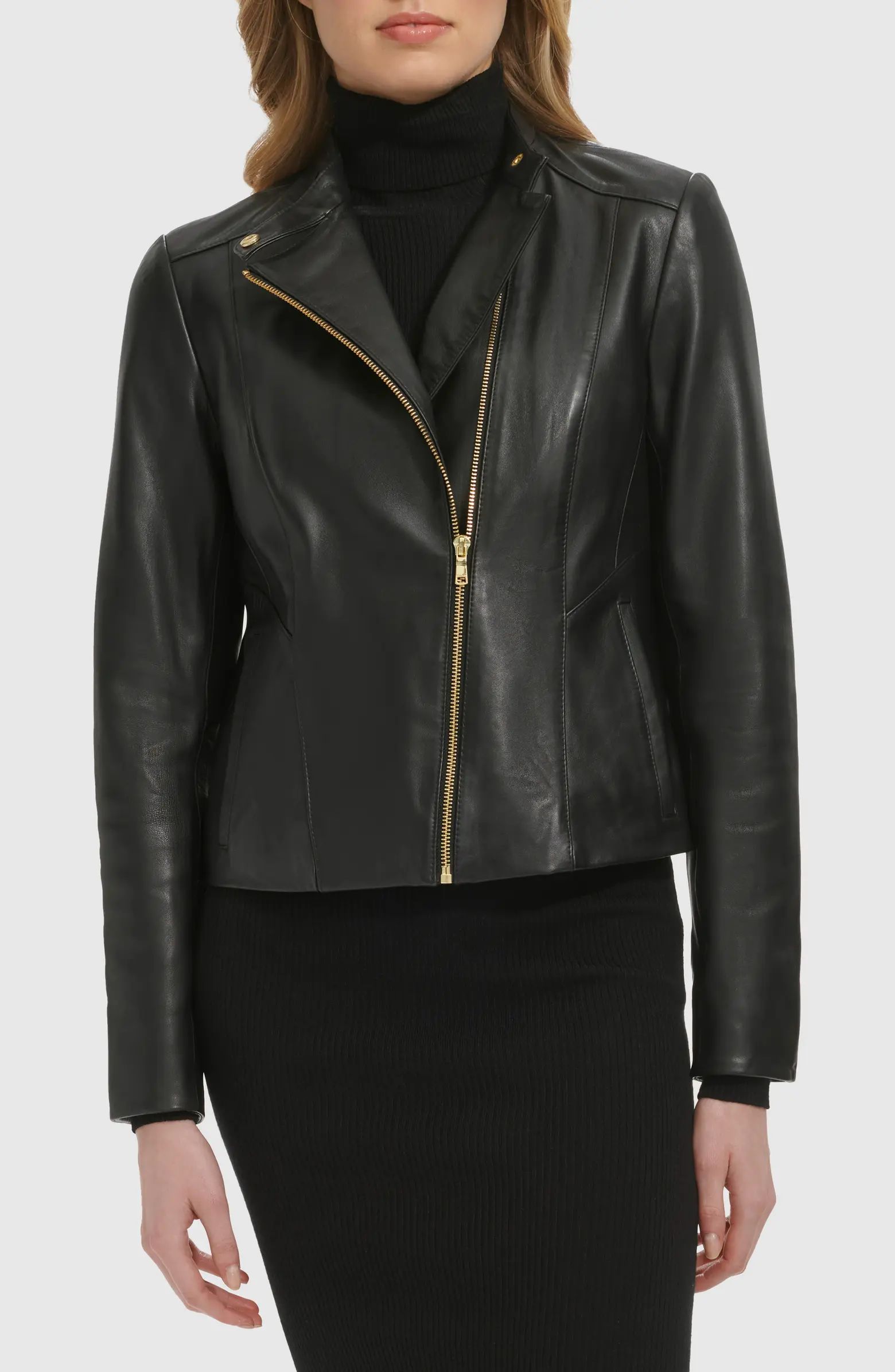 Cole Haan Band Collar Leather Moto Jacket | Nordstrom | Nordstrom