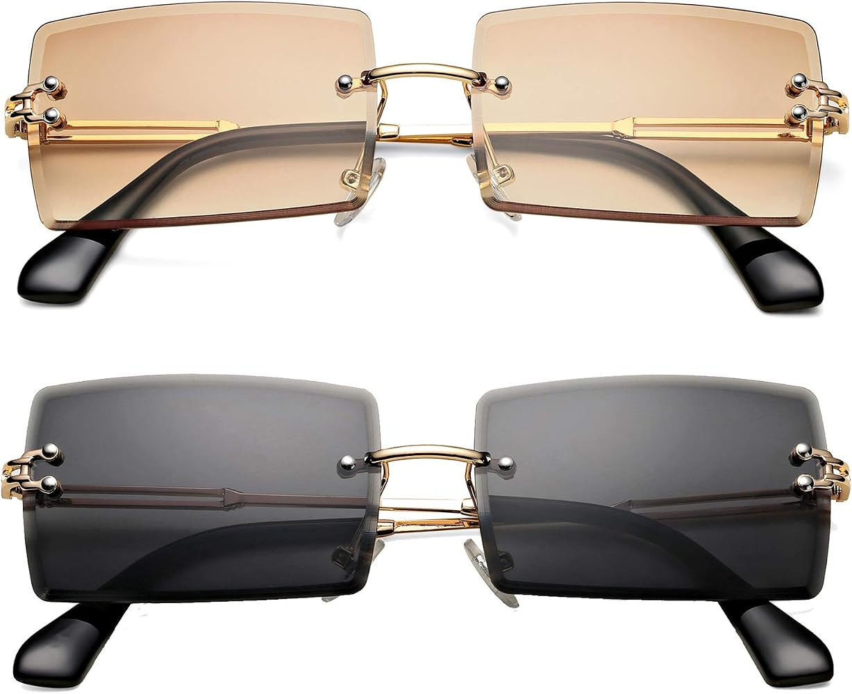Rectangle Sunglasses for Men/Women Small Rimless Square Shade Eyewear | Amazon (US)
