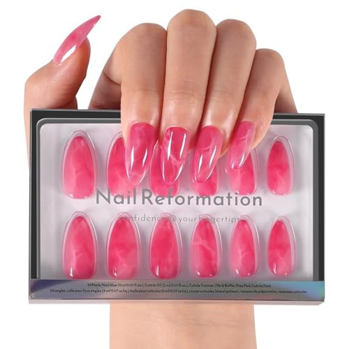 Nail Reformation Press On Nails, Pink Lava | Pink Medium Almond Fake Nails with Molten Marbling Effect, Deep Rose & Magenta Swirls, Reusable Stick On Nails Kit - 30 Pcs in 15 Sizes, Gifts for Women | Amazon (US)