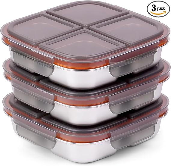 3 Pack Stainless Steel Snack Containers with Airtight Lids, 4 Compartment Food Storage Containers... | Amazon (US)